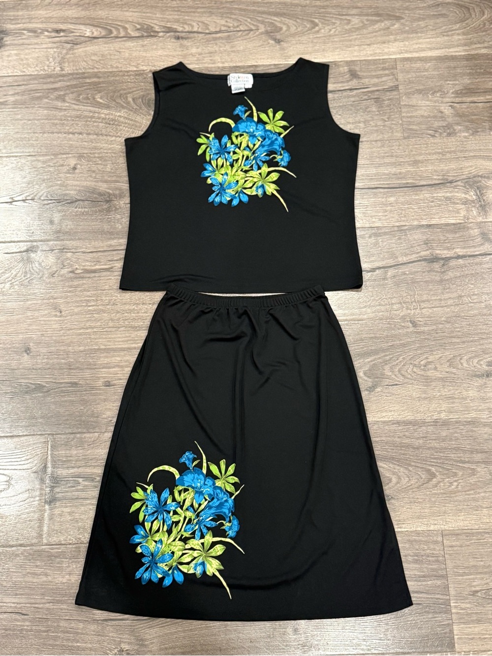 VTG Black Two-Piece Floral Tank & Skirt Set with Blue & Lime Floral Y2K Set 90s